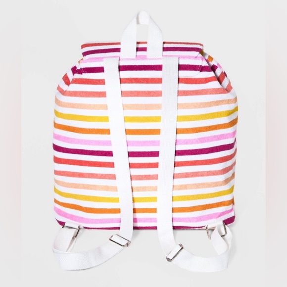 Boho Sunset Rainbow Striped Terrycloth Bucket Style Bag Backpack Rope Drawstring - Picture 3 of 13